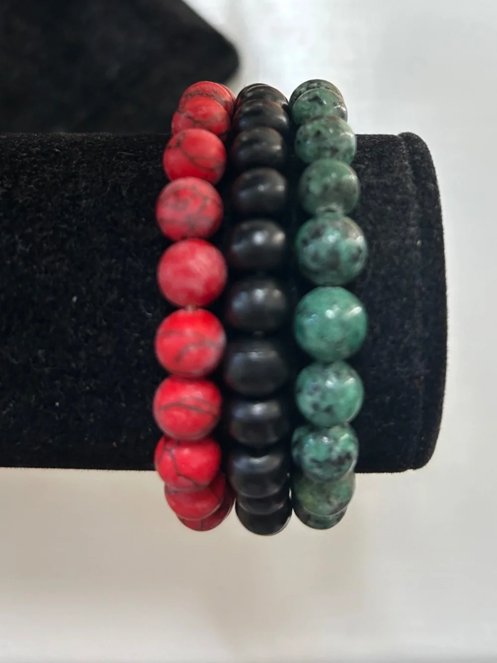 Beaded Stretch Bracelet Trio in Red, Black & Green